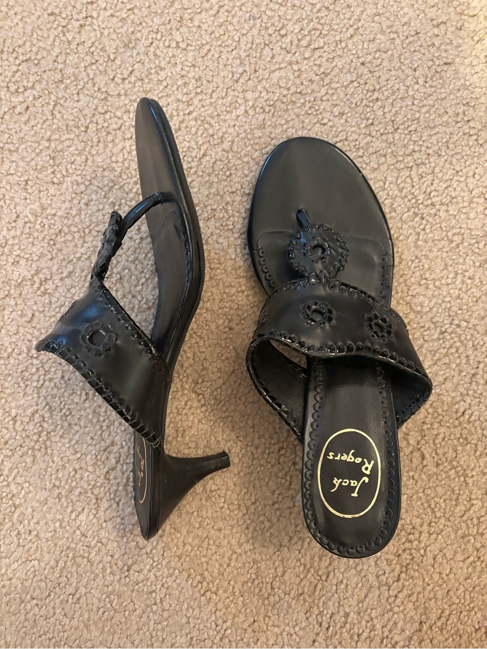 Jack Rogers Black Leather Heeled Mules with Whipstitch Detail